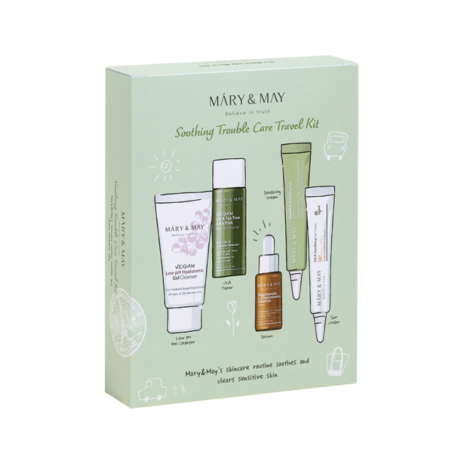 Набор миниатюр Mary&May Soothing Trouble Care Travel Kit (Toner+Serum+Cream+Suncream+Gel cleanser), фото 1